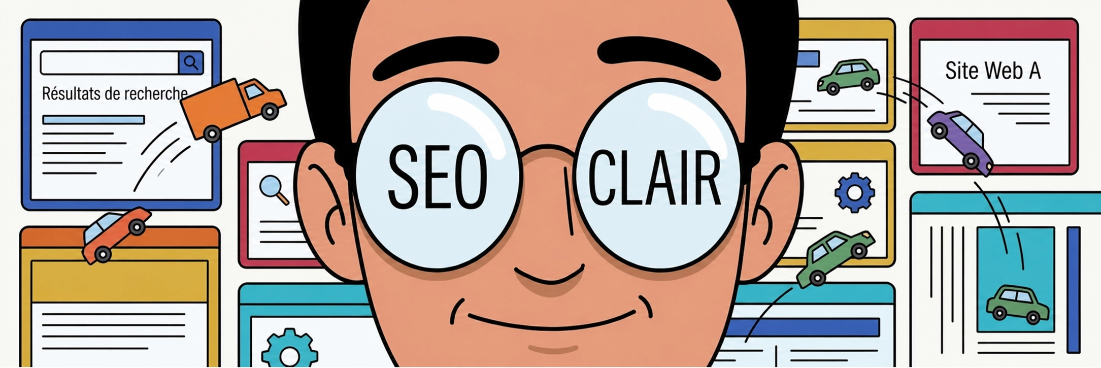 Un personnage portant des lunettes où l’on peut lire “SEO Clair” sur les verres.